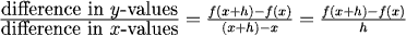 (difference in y)/(difference in x) = (f(x+h)-f(x))/((x+h)-x) = (f(x+h)-f(x))/h