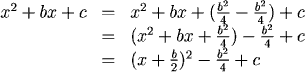 x^2 + bx + c = x^2 + bx + (b^2/4 - b^2/4) + c = (x^2 + bx + b^2/4) - b^2/4 + c = (x + b/2)^2 - b^2/4 + c