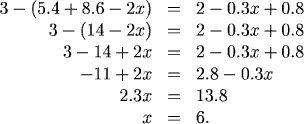 3-(5.4+8.6-2x)=2-0.3x+0.8, so 3-14+2x=2.8-0.3x, or 2.3x=13.8, so x=6.